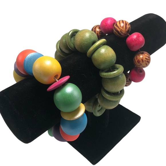 Wood Bead Stretch Bracelet Lot of 3 Green Rainbow Pink Animal Print - Picture 2 of 6